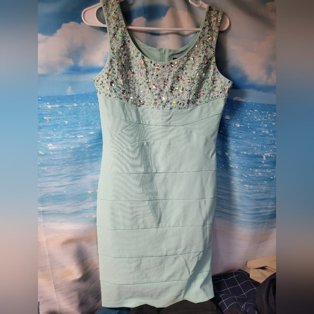 Deb NWOT‎ Aqua Rhinestone & Sequin Homecoming Dress Size Medium